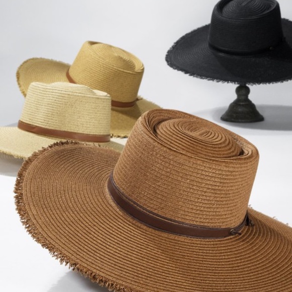 SOLD OUT Brown Straw Wide Brim w/ Frayed Edge Sun Beach Vacation Summer Women's - Picture 6 of 7